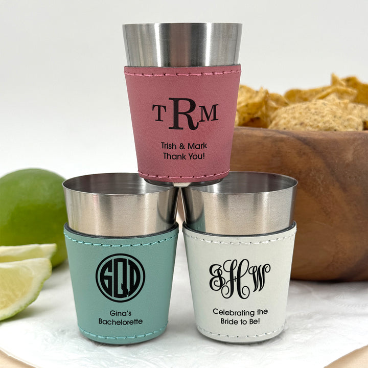 Faux Leatherette Shot Glass: Personalized Wedding Gift, Birthday Party Gift, Three Initial Monogram
