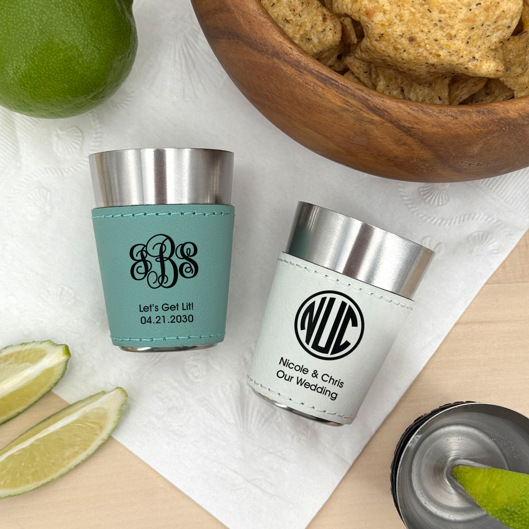 Faux Leatherette Shot Glass: Personalized Wedding Gift, Birthday Party Gift, Three Initial Monogram