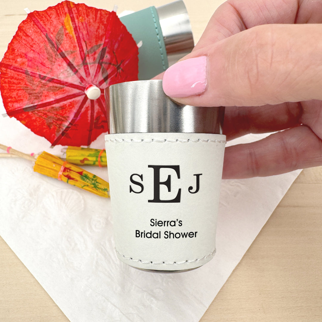 Faux Leatherette Shot Glass: Personalized Wedding Gift, Birthday Party Gift, Three Initial Monogram