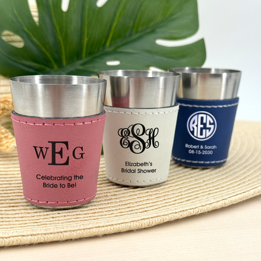 Faux Leatherette Shot Glass: Personalized Wedding Gift, Birthday Party Gift, Three Initial Monogram