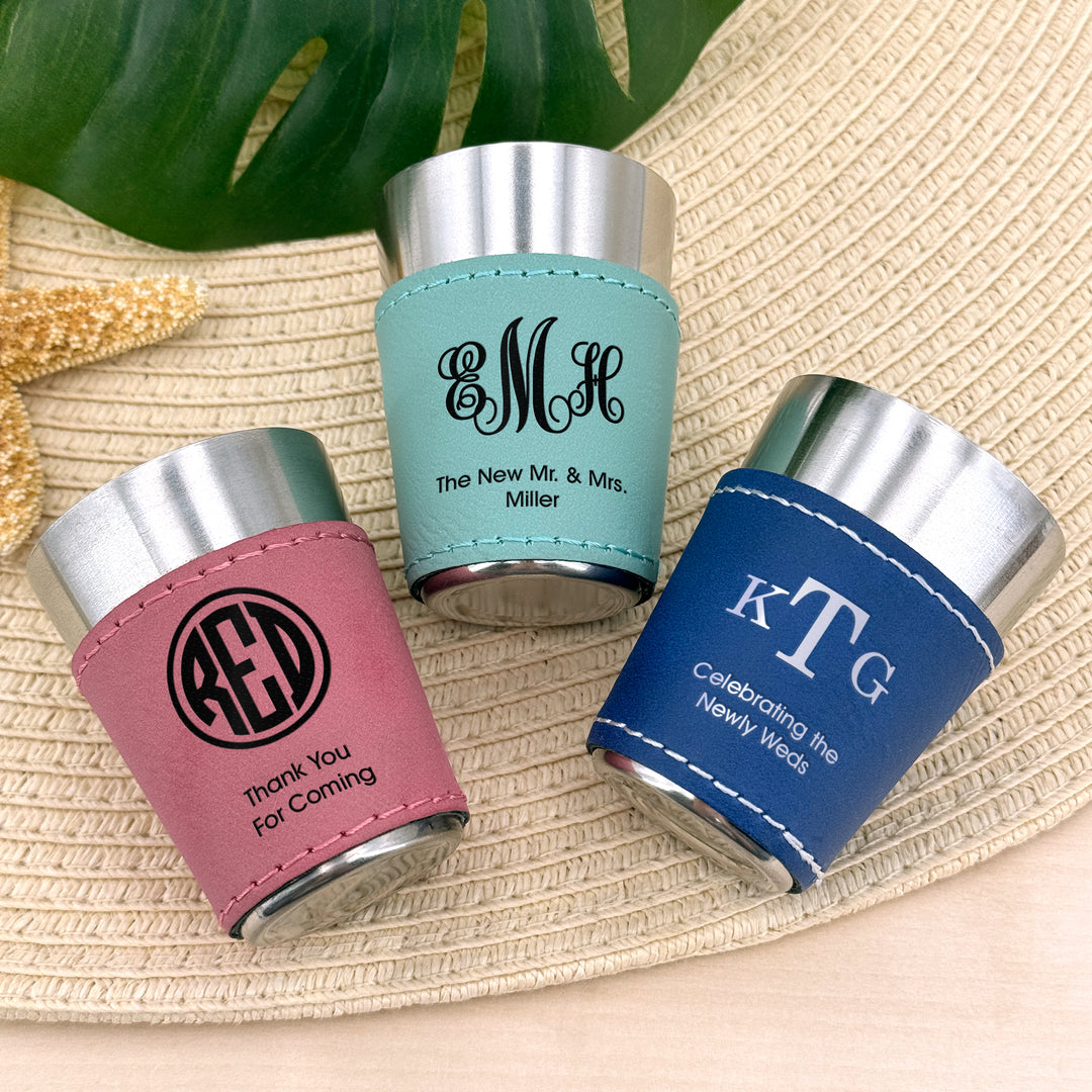 Faux Leatherette Shot Glass: Personalized Wedding Gift, Birthday Party Gift, Three Initial Monogram