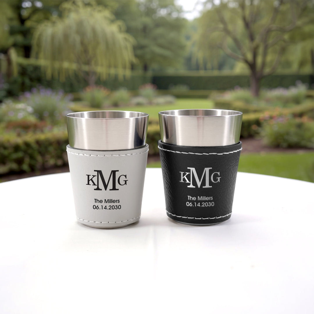 Faux Leatherette Shot Glass: Personalized Wedding Gift, Birthday Party Gift, Three Initial Monogram