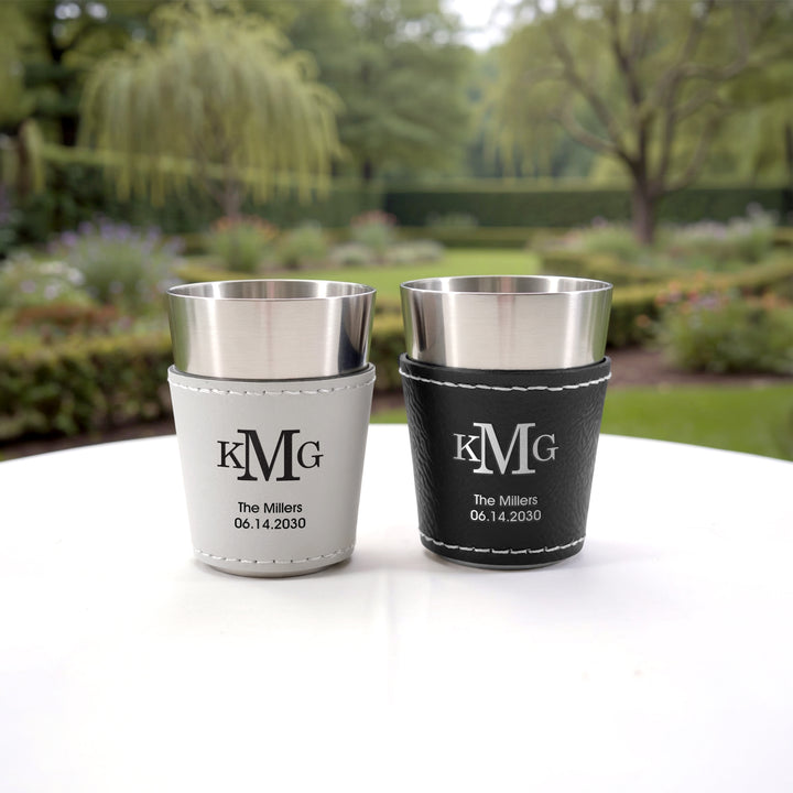 Faux Leatherette Shot Glass: Personalized Wedding Gift, Birthday Party Gift, Three Initial Monogram