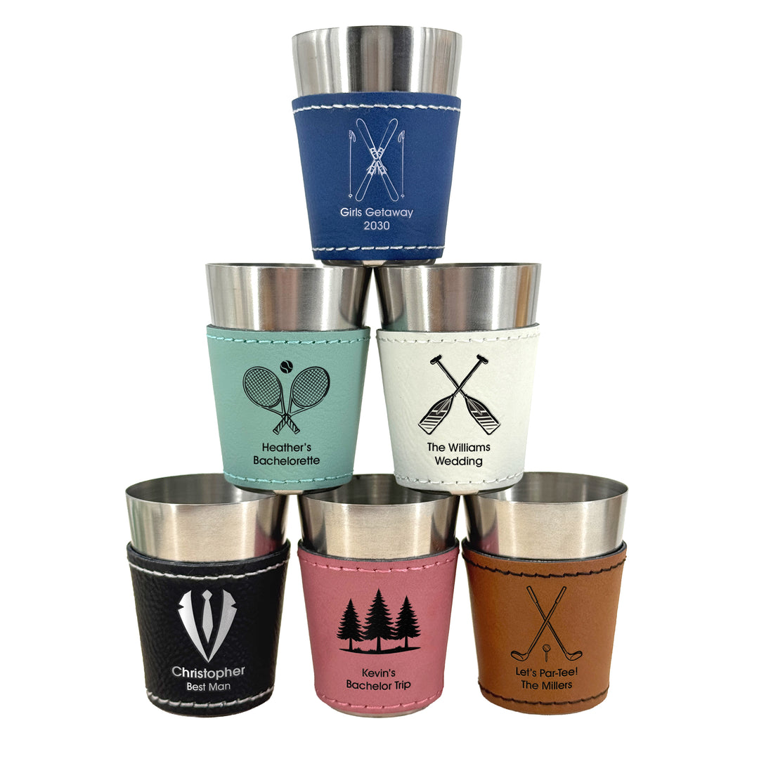 Personalized Faux Leatherette Shot Glass: Wedding Gift, Bachelor and Bachelorette Party, 21st Birthday Favors, Icons