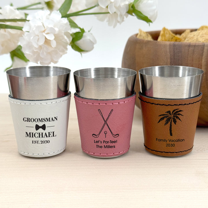 Personalized Faux Leatherette Shot Glass: Wedding Gift, Bachelor and Bachelorette Party, 21st Birthday Favors, Icons
