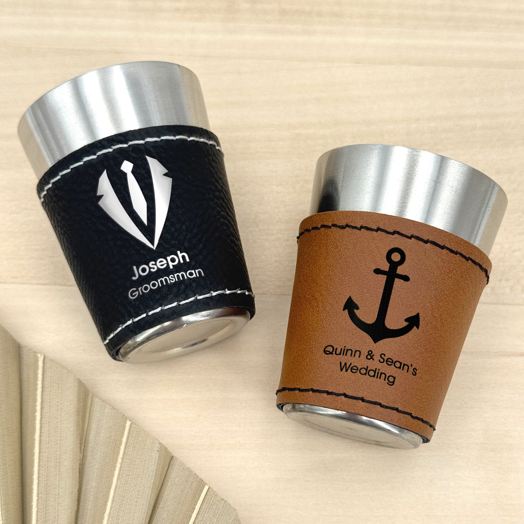 Personalized Faux Leatherette Shot Glass: Wedding Gift, Bachelor and Bachelorette Party, 21st Birthday Favors, Icons