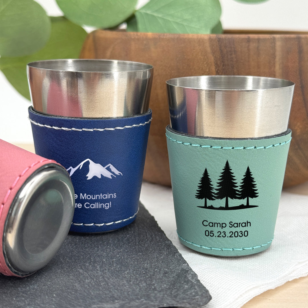 Personalized Faux Leatherette Shot Glass: Wedding Gift, Bachelor and Bachelorette Party, 21st Birthday Favors, Icons