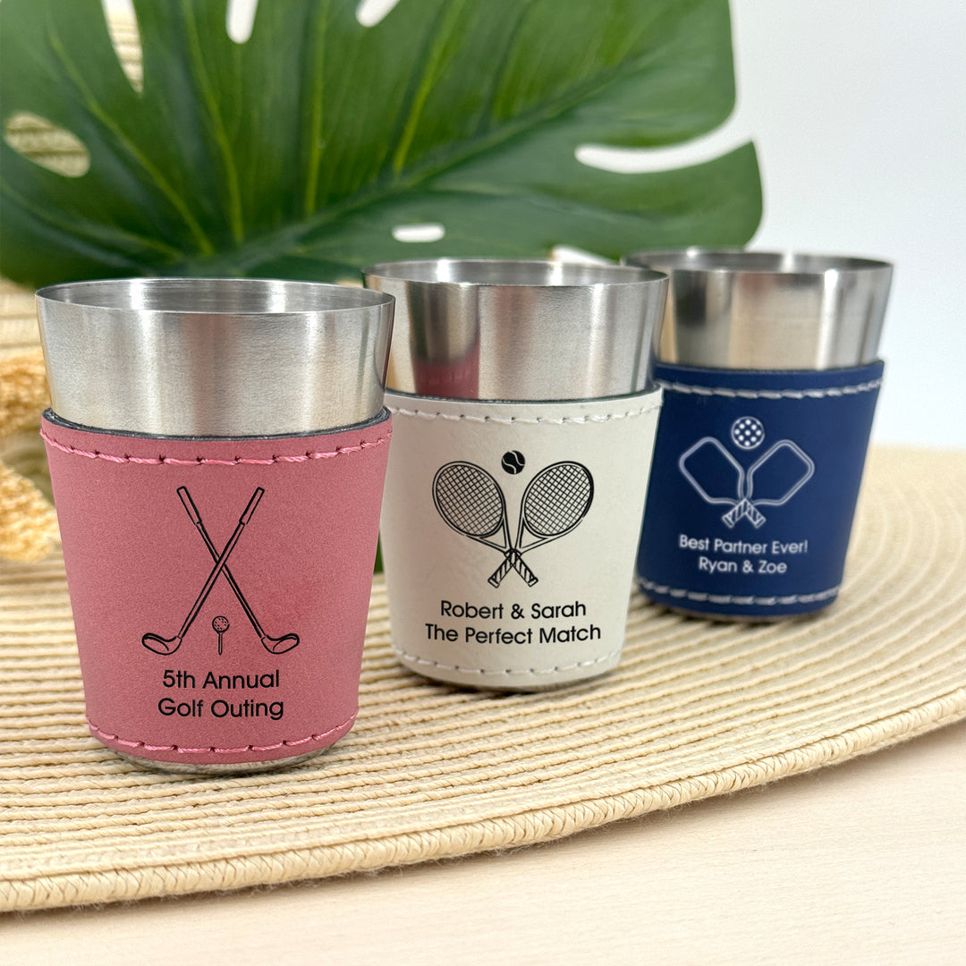 Personalized Faux Leatherette Shot Glass: Wedding Gift, Bachelor and Bachelorette Party, 21st Birthday Favors, Icons