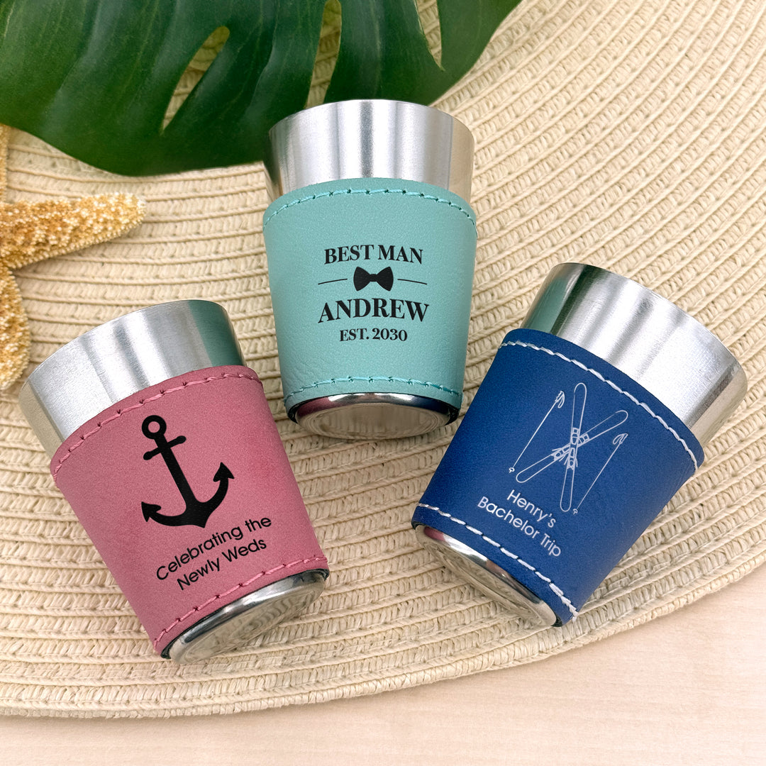 Personalized Faux Leatherette Shot Glass: Wedding Gift, Bachelor and Bachelorette Party, 21st Birthday Favors, Icons
