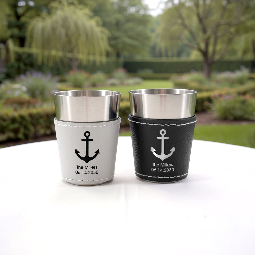 Personalized Faux Leatherette Shot Glass: Wedding Gift, Bachelor and Bachelorette Party, 21st Birthday Favors, Icons