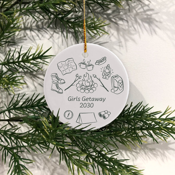 Custom Camping Doodle Ornament, Bachelorette Ornament, Family Vacation Keepsake