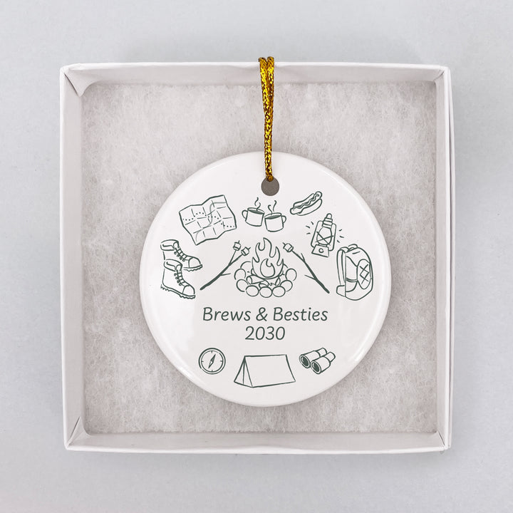 Custom Camping Doodle Ornament, Bachelorette Ornament, Family Vacation Keepsake