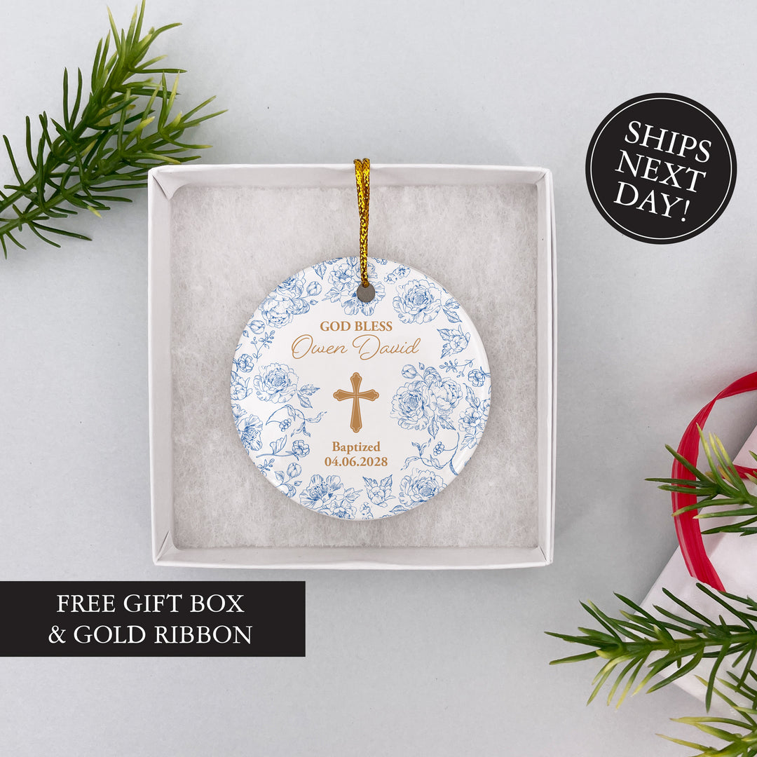 Personalized Baptism Ornament, First Holy Communion, Chinoiserie Toile Baptism Ornament
