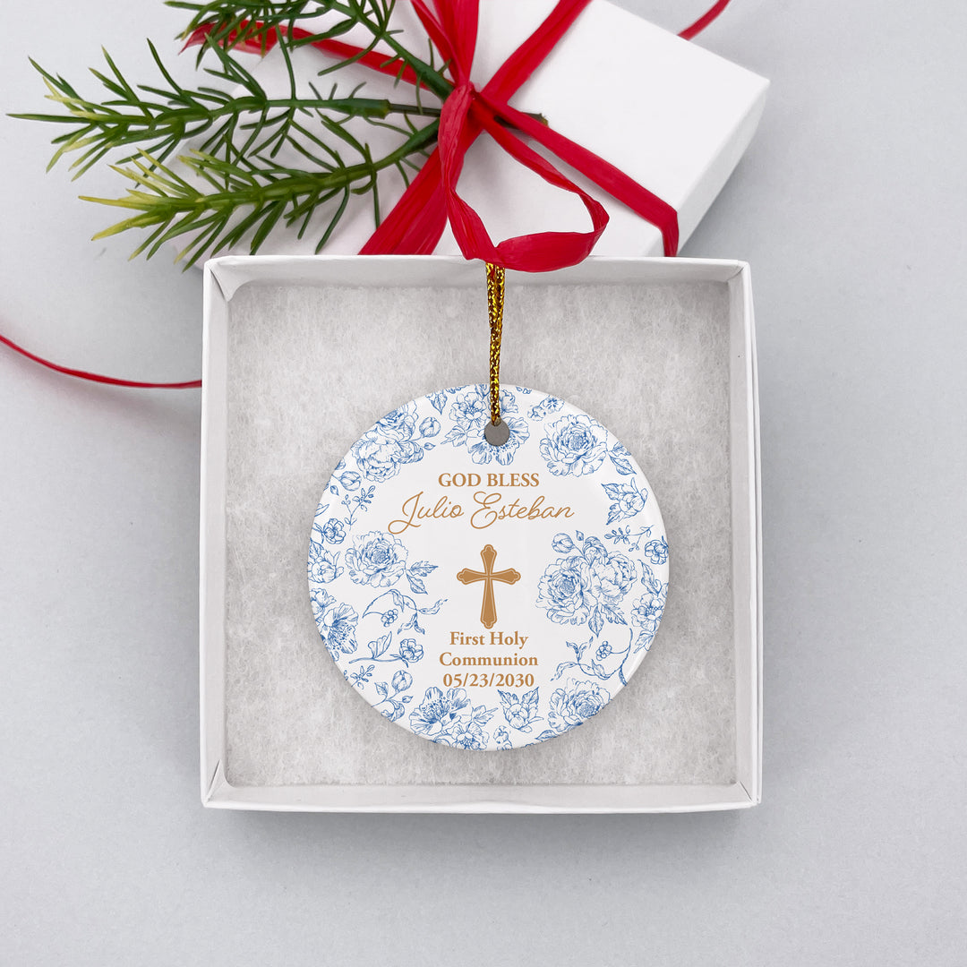 Personalized Baptism Ornament, First Holy Communion, Chinoiserie Toile Baptism Ornament