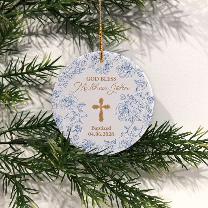 Personalized Baptism Ornament, First Holy Communion, Chinoiserie Toile Baptism Ornament