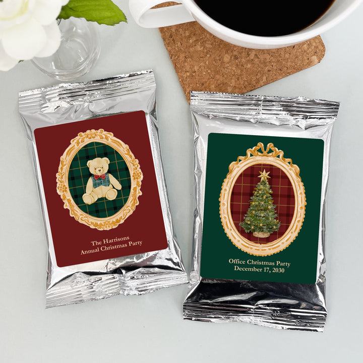 Personalized Christmas Coffee Packets: Holiday Party Favors, Gold Frame Christmas Coffee Packs