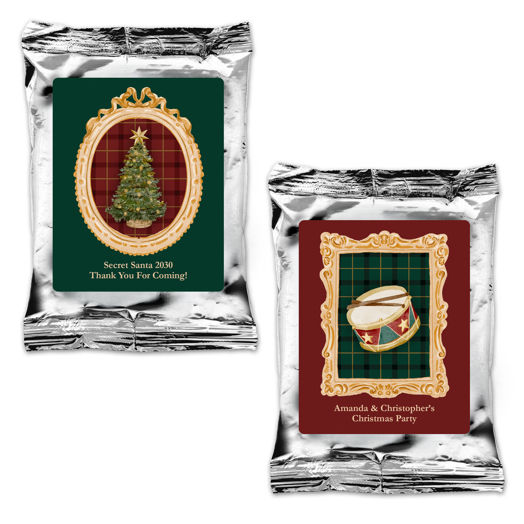 Personalized Christmas Coffee Packets: Holiday Party Favors, Gold Frame Christmas Coffee Packs