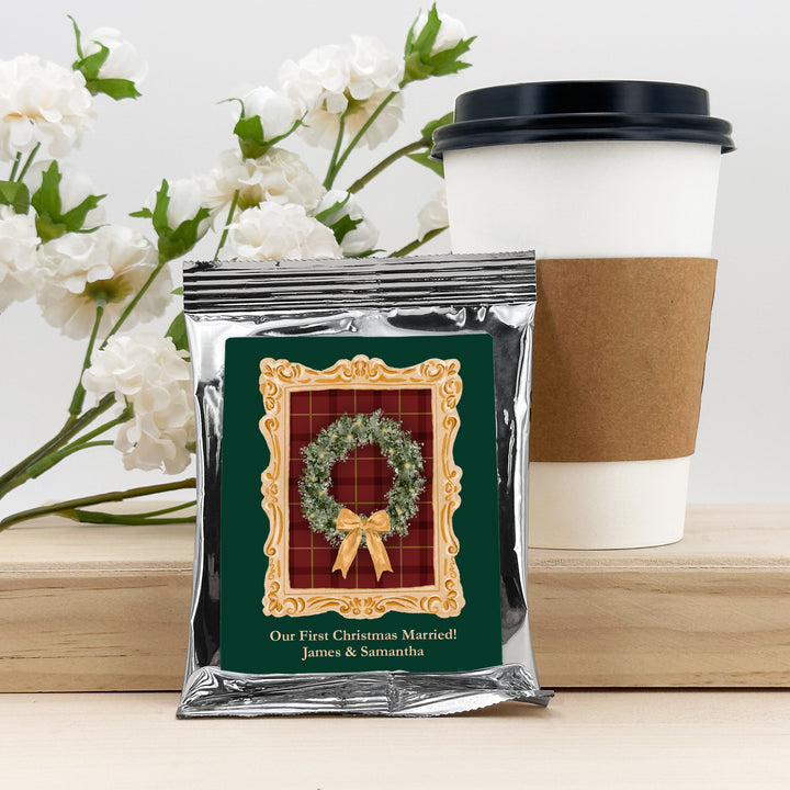 Personalized Christmas Coffee Packets: Holiday Party Favors, Gold Frame Christmas Coffee Packs