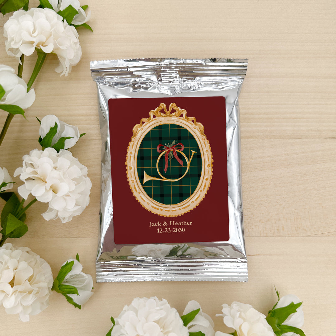 Personalized Christmas Coffee Packets: Holiday Party Favors, Gold Frame Christmas Coffee Packs