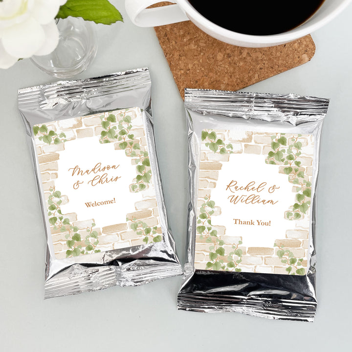 Personalized Cottage Wedding Favor Coffee Favors, Bridal Shower, Stone Wall with Vines