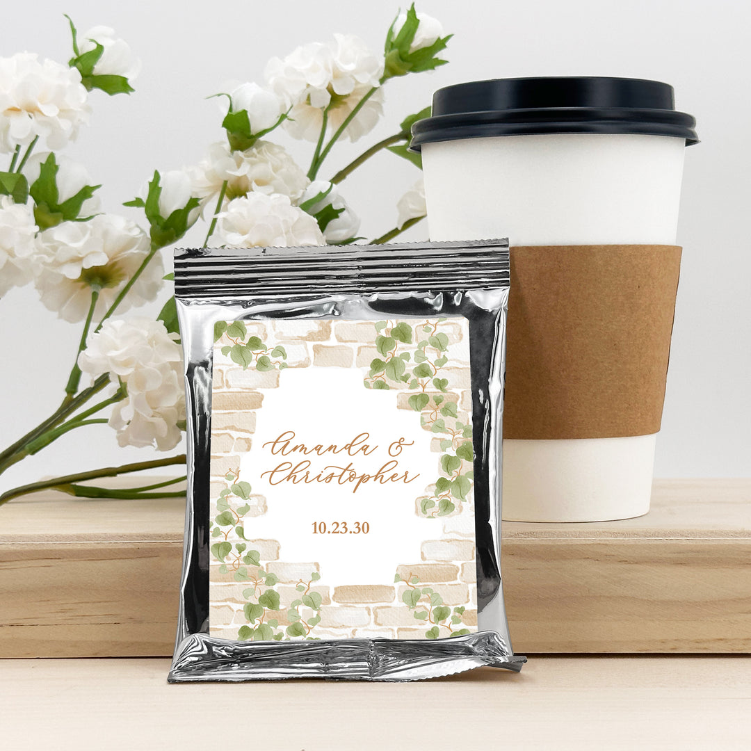 Personalized Cottage Wedding Favor Coffee Favors, Bridal Shower, Stone Wall with Vines