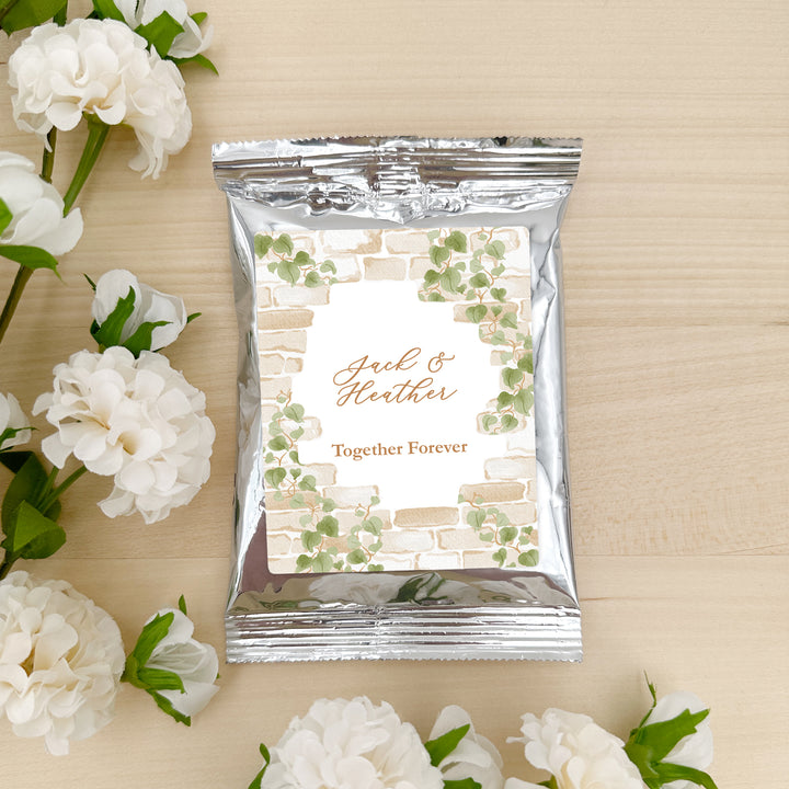 Personalized Cottage Wedding Favor Coffee Favors, Bridal Shower, Stone Wall with Vines