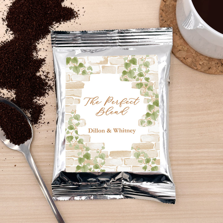 Personalized Cottage Wedding Favor Coffee Favors, Bridal Shower, Stone Wall with Vines