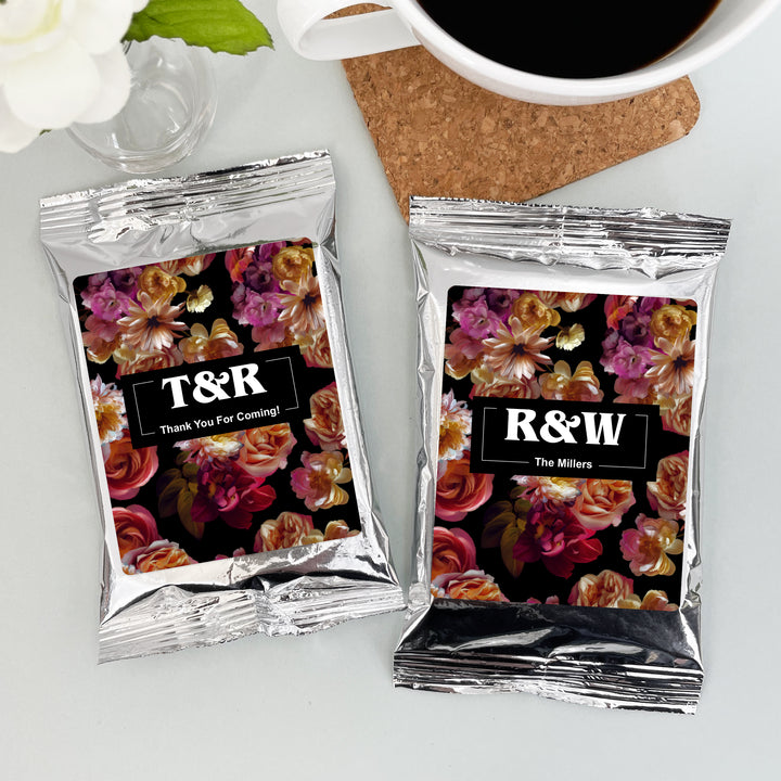 Custom Coffee Wedding Favors, Dutch Florals, Dark Floral Coffee