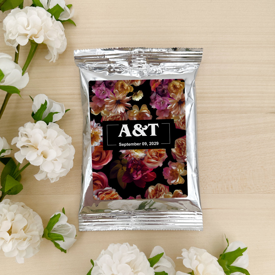 Custom Coffee Wedding Favors, Dutch Florals, Dark Floral Coffee