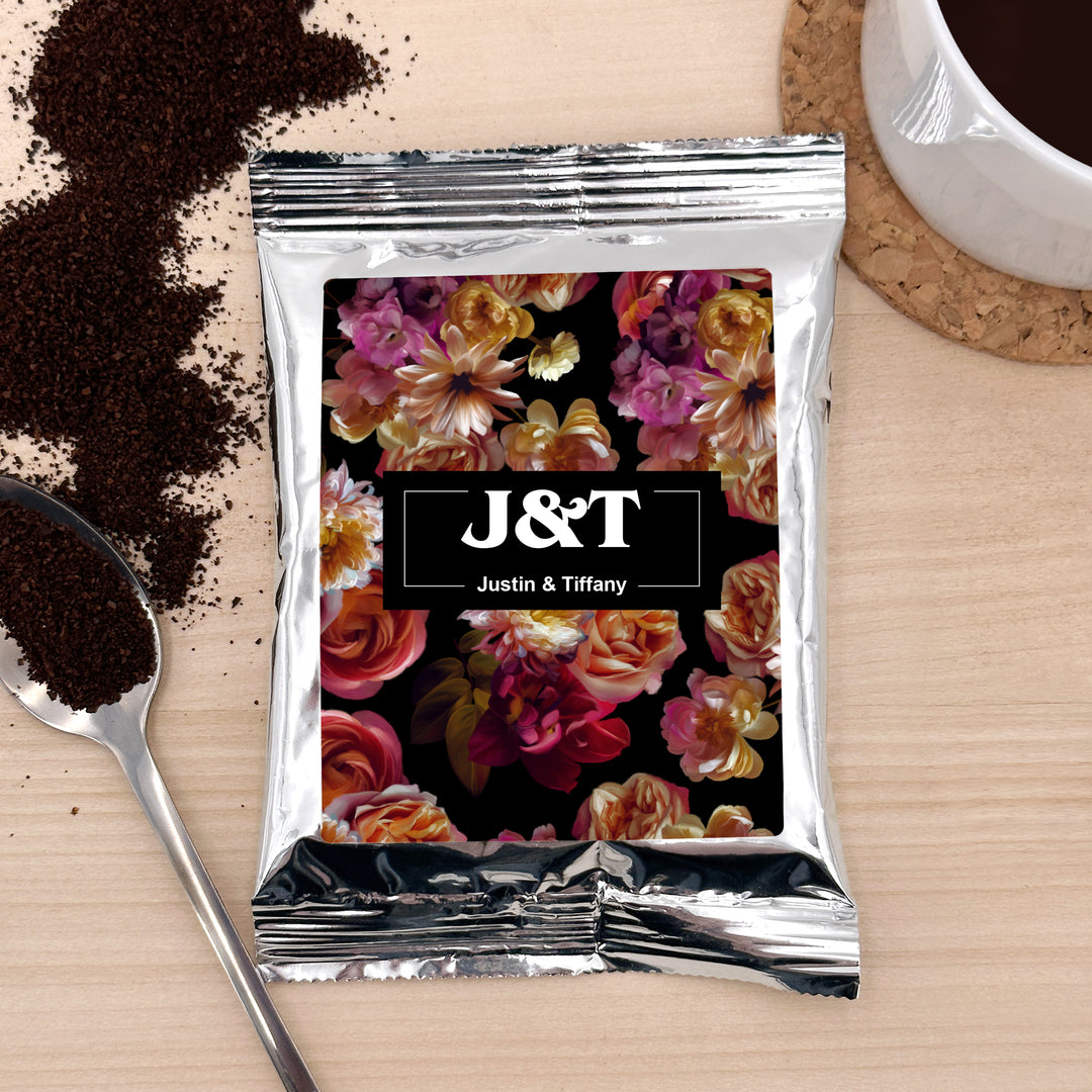 Custom Coffee Wedding Favors, Dutch Florals, Dark Floral Coffee