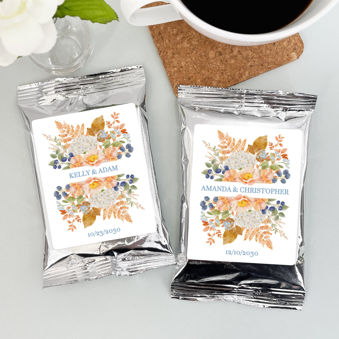 The Perfect Blend, Coffee Wedding Favors, Fall Bridal Shower Coffee, Peach &amp; Blue Florals