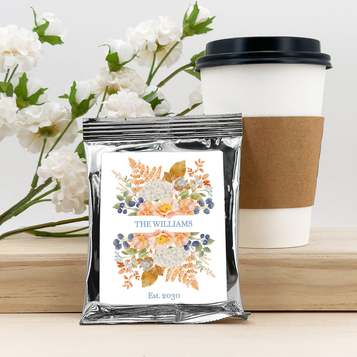 The Perfect Blend, Coffee Wedding Favors, Fall Bridal Shower Coffee, Peach &amp; Blue Florals