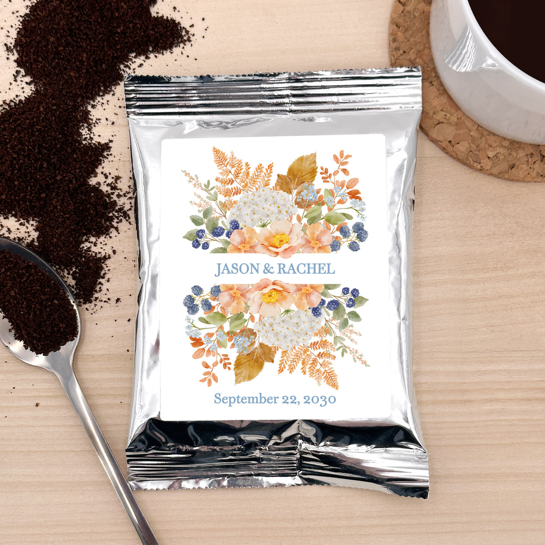 The Perfect Blend, Coffee Wedding Favors, Fall Bridal Shower Coffee, Peach &amp; Blue Florals