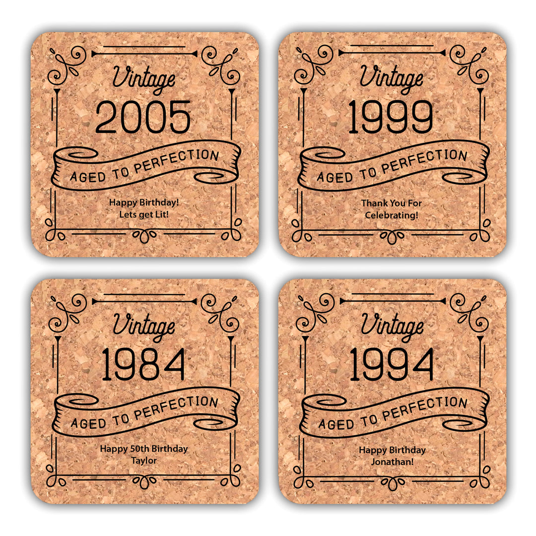 Adult Birthday Party Favor, Aged to Perfection Birthday Favors, Personalized Cork Coasters, Milestone Birthday Celebration, Party Favors