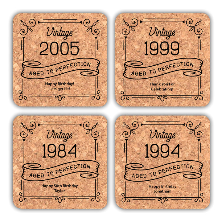 Adult Birthday Party Favor, Aged to Perfection Birthday Favors, Personalized Cork Coasters, Milestone Birthday Celebration, Party Favors
