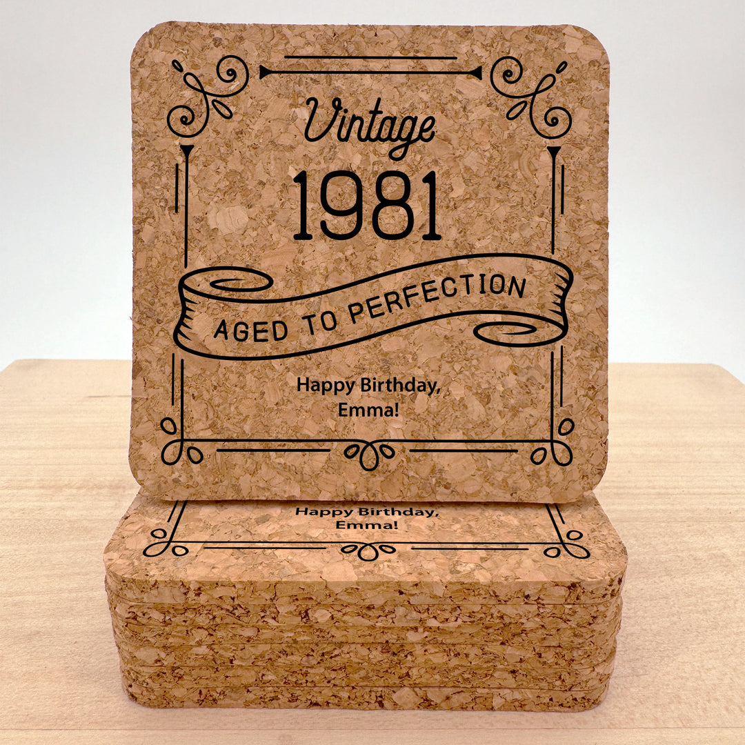Adult Birthday Party Favor, Aged to Perfection Birthday Favors, Personalized Cork Coasters, Milestone Birthday Celebration, Party Favors