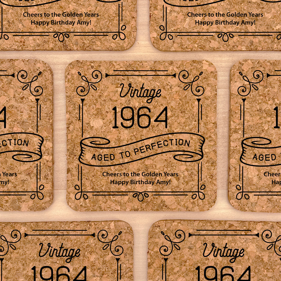 Adult Birthday Party Favor, Aged to Perfection Birthday Favors, Personalized Cork Coasters, Milestone Birthday Celebration, Party Favors