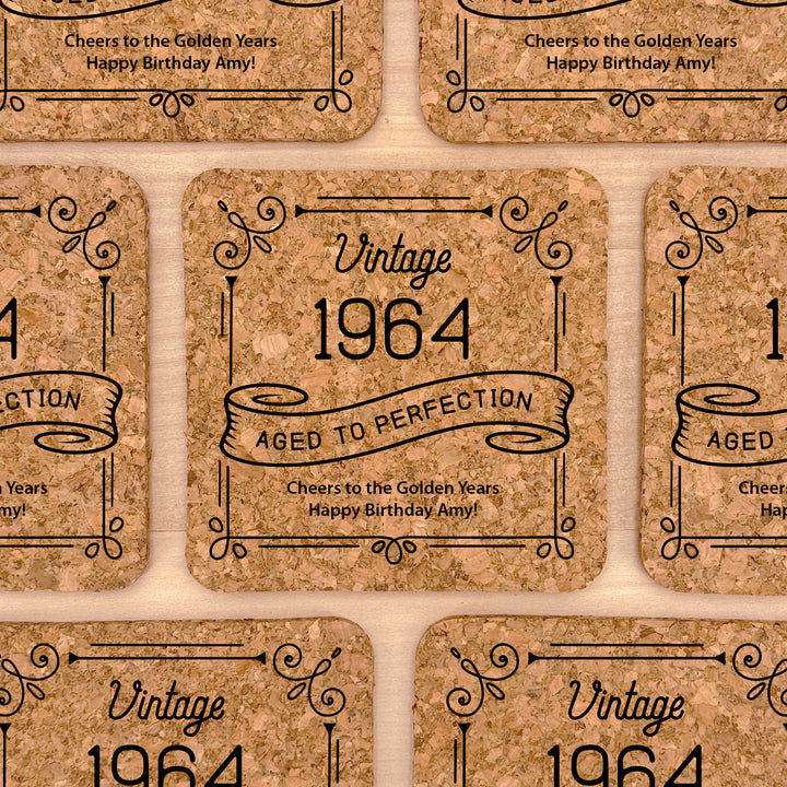 Adult Birthday Party Favor, Aged to Perfection Birthday Favors, Personalized Cork Coasters, Milestone Birthday Celebration, Party Favors