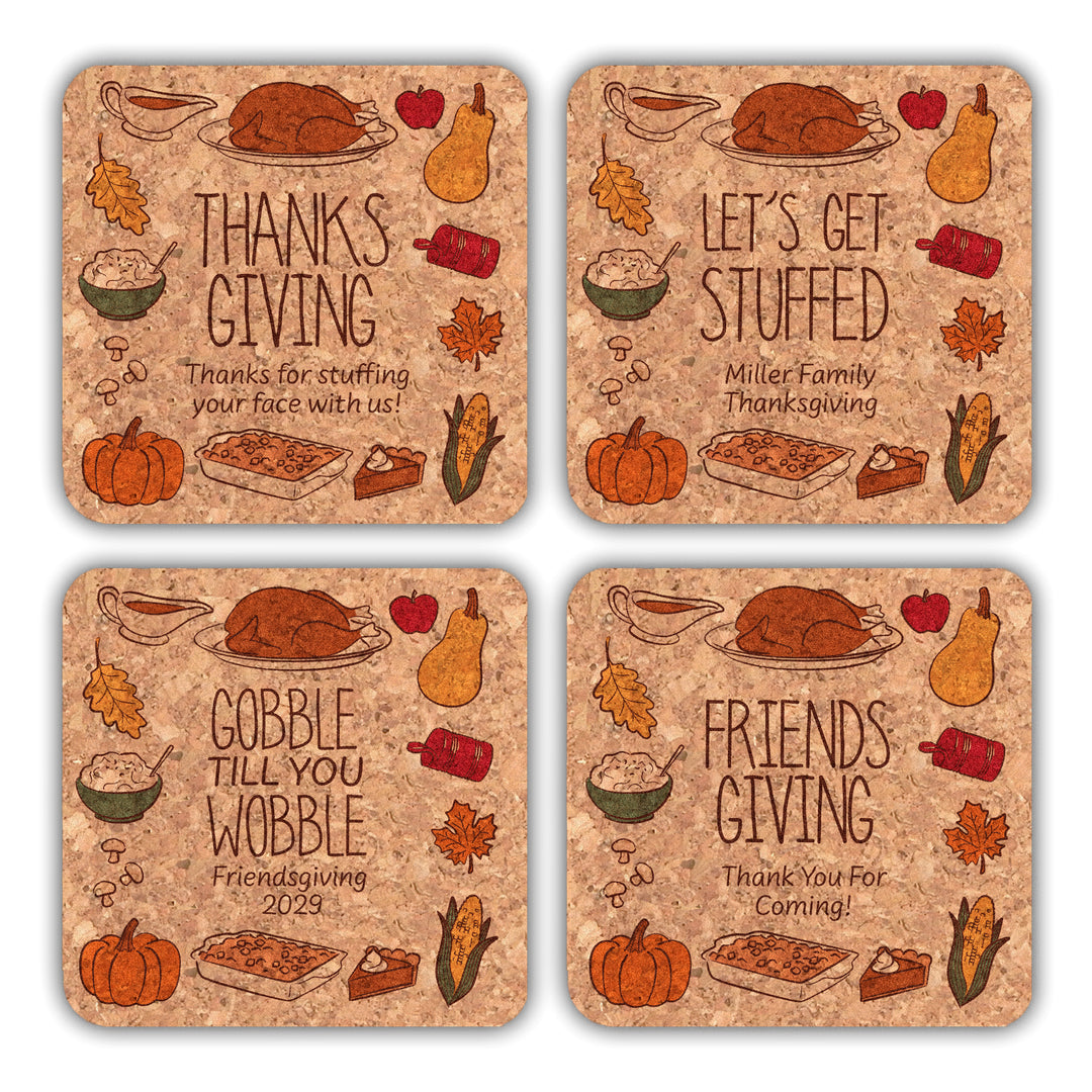 Thanksgiving or Friendsgiving Doodle, Gobble Till You Wobble, Cork Coasters