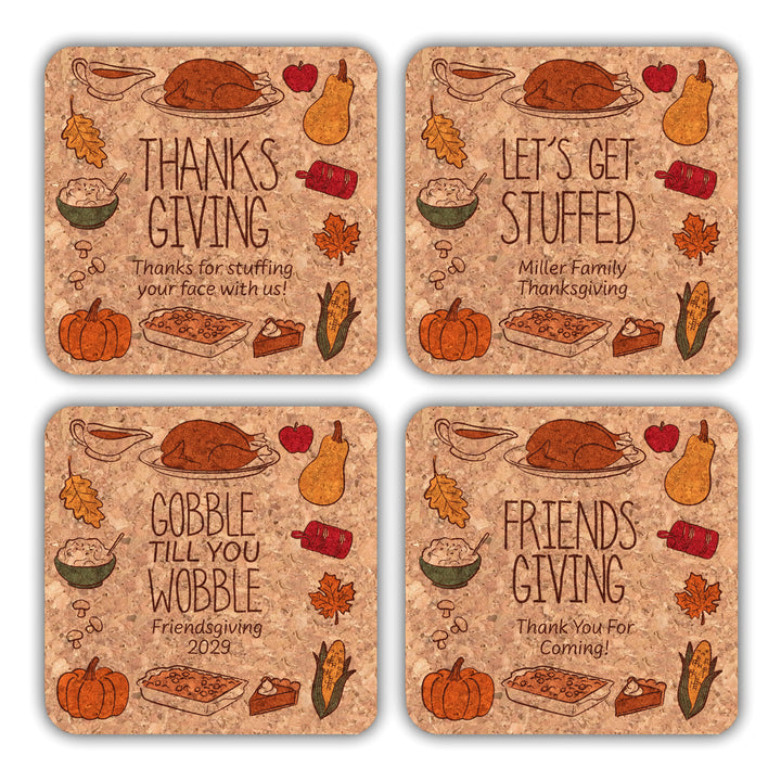 Thanksgiving or Friendsgiving Doodle, Gobble Till You Wobble, Cork Coasters