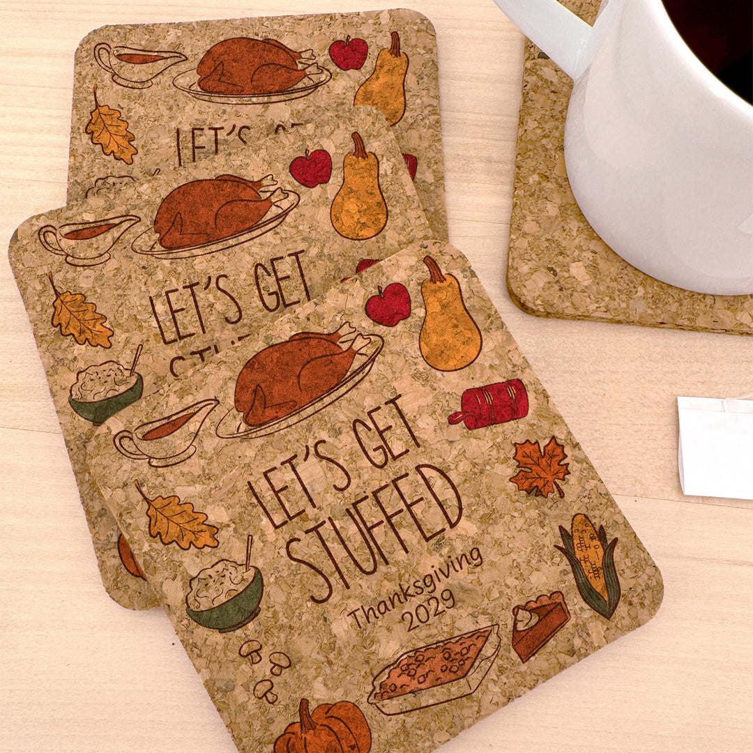 Thanksgiving or Friendsgiving Doodle, Gobble Till You Wobble, Cork Coasters