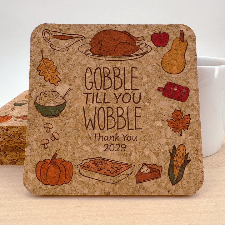 Thanksgiving or Friendsgiving Doodle, Gobble Till You Wobble, Cork Coasters