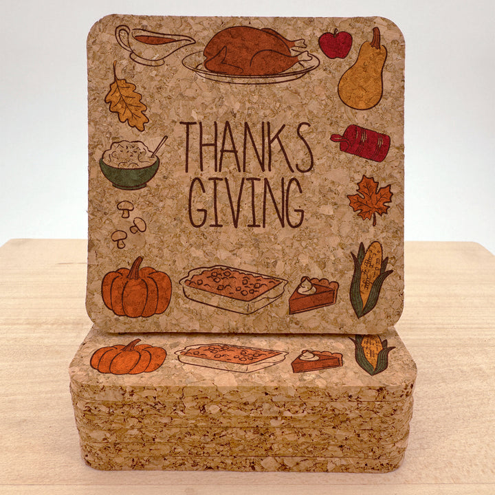 Thanksgiving or Friendsgiving Doodle, Gobble Till You Wobble, Cork Coasters