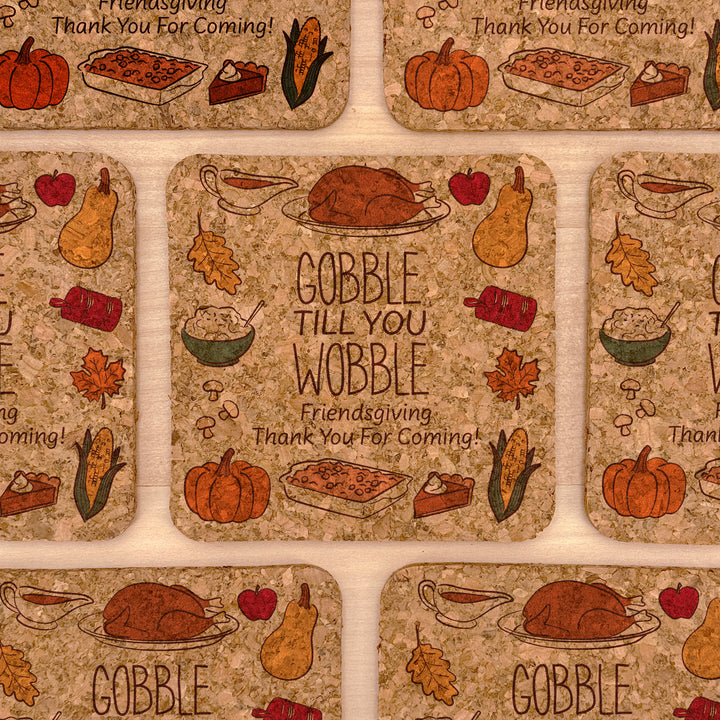 Thanksgiving or Friendsgiving Doodle, Gobble Till You Wobble, Cork Coasters