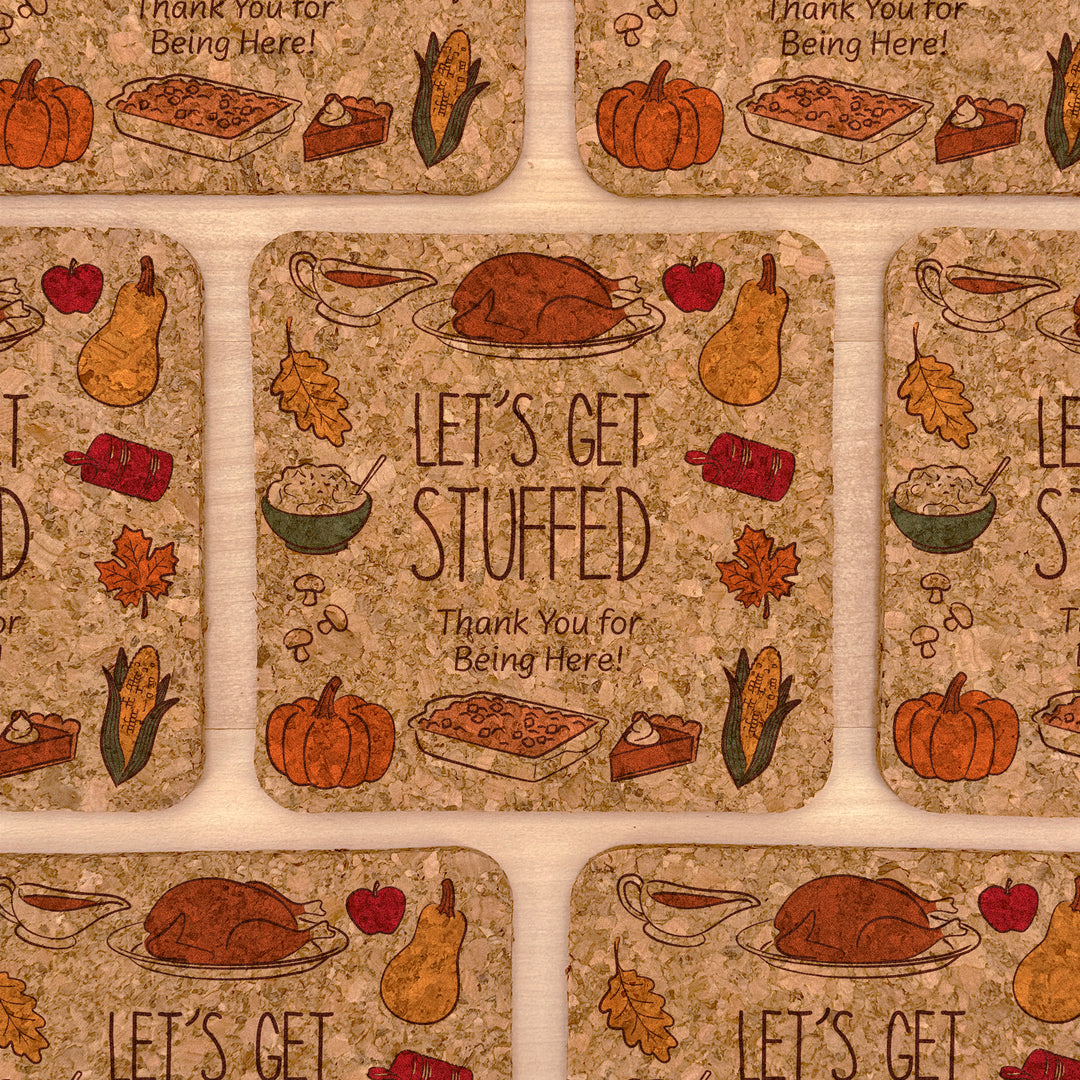 Thanksgiving or Friendsgiving Doodle, Gobble Till You Wobble, Cork Coasters
