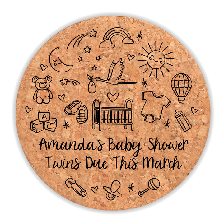 Personalized Round Cork Coasters, Hand Drawn Baby Shower Icon Sketch Pattern