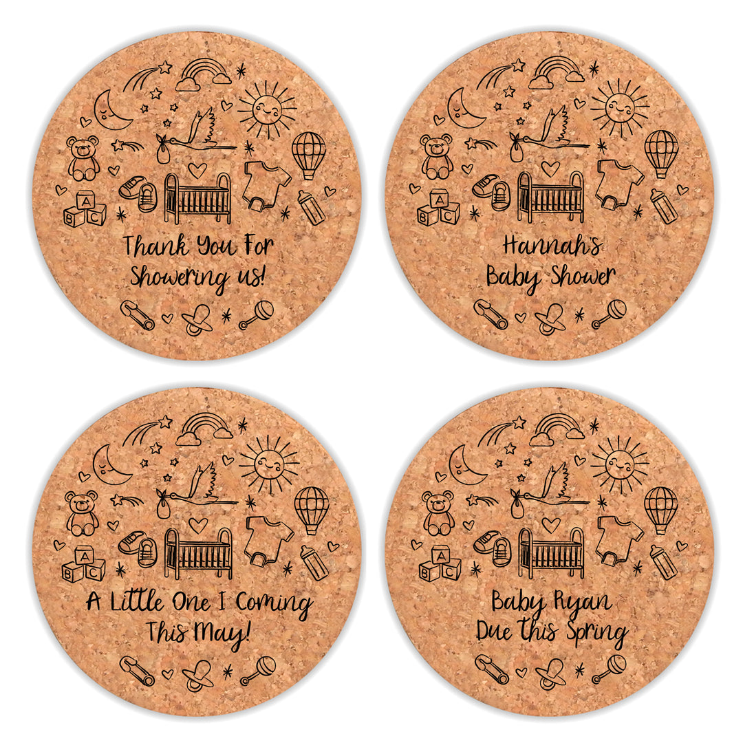 Personalized Round Cork Coasters, Hand Drawn Baby Shower Icon Sketch Pattern