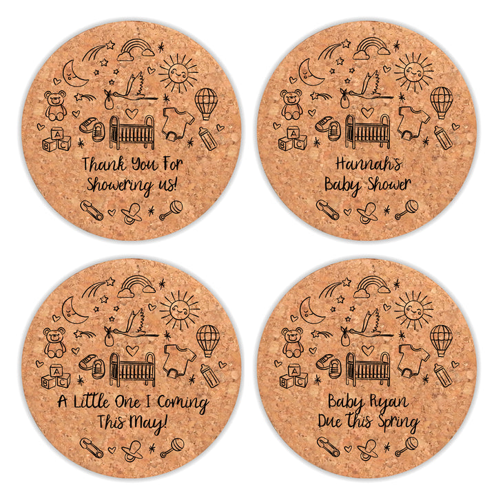 Personalized Round Cork Coasters, Hand Drawn Baby Shower Icon Sketch Pattern