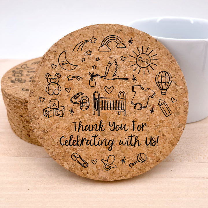 Personalized Round Cork Coasters, Hand Drawn Baby Shower Icon Sketch Pattern