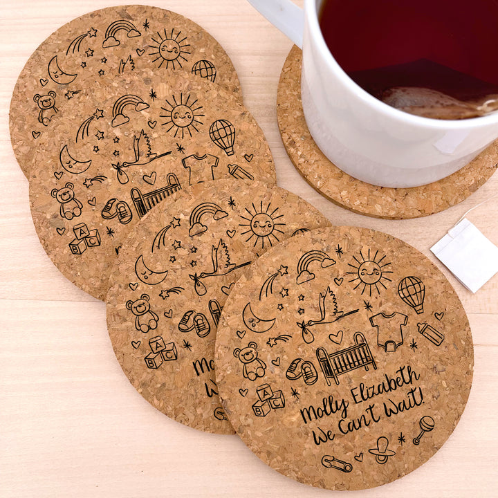 Personalized Round Cork Coasters, Hand Drawn Baby Shower Icon Sketch Pattern